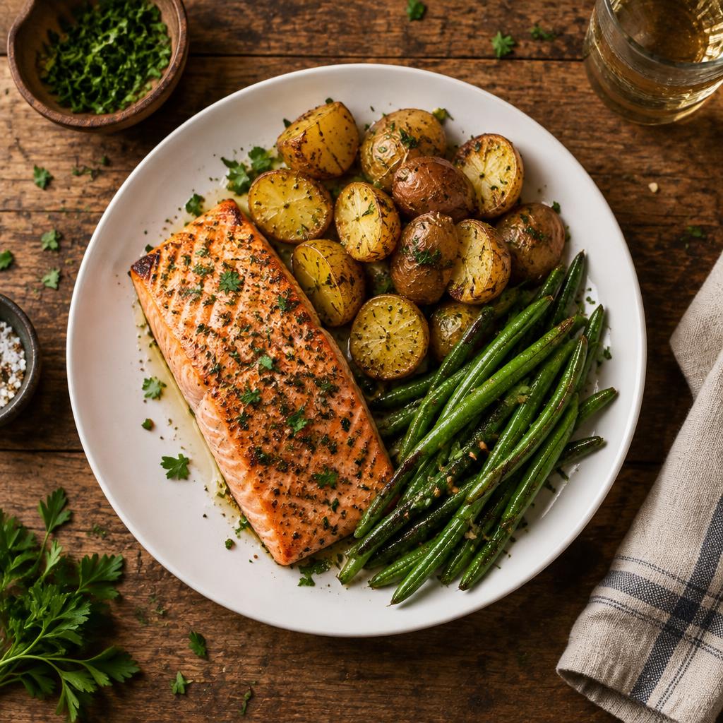 Salmon with potatoes and green beans